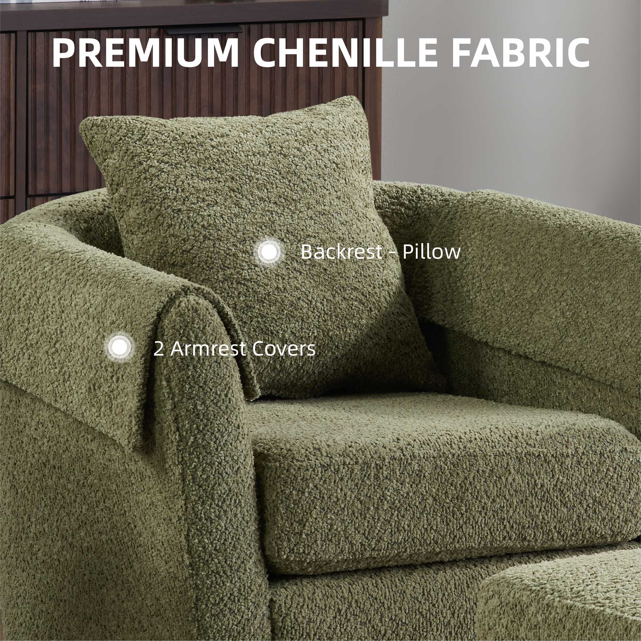 Swivel Accent Chair with Ottoman Set, Modern Chenille Barrel Armchair with Removable Back Pillow & 2 Armrest Covers for Living Room, Bedroom, Office, Green Swivel Accent Chair with Ottoman Set, Modern Chenille Barrel Armchair with Removable Back Pillow & 2 Armrest Covers for Living Room, Bedroom, Office, Green
